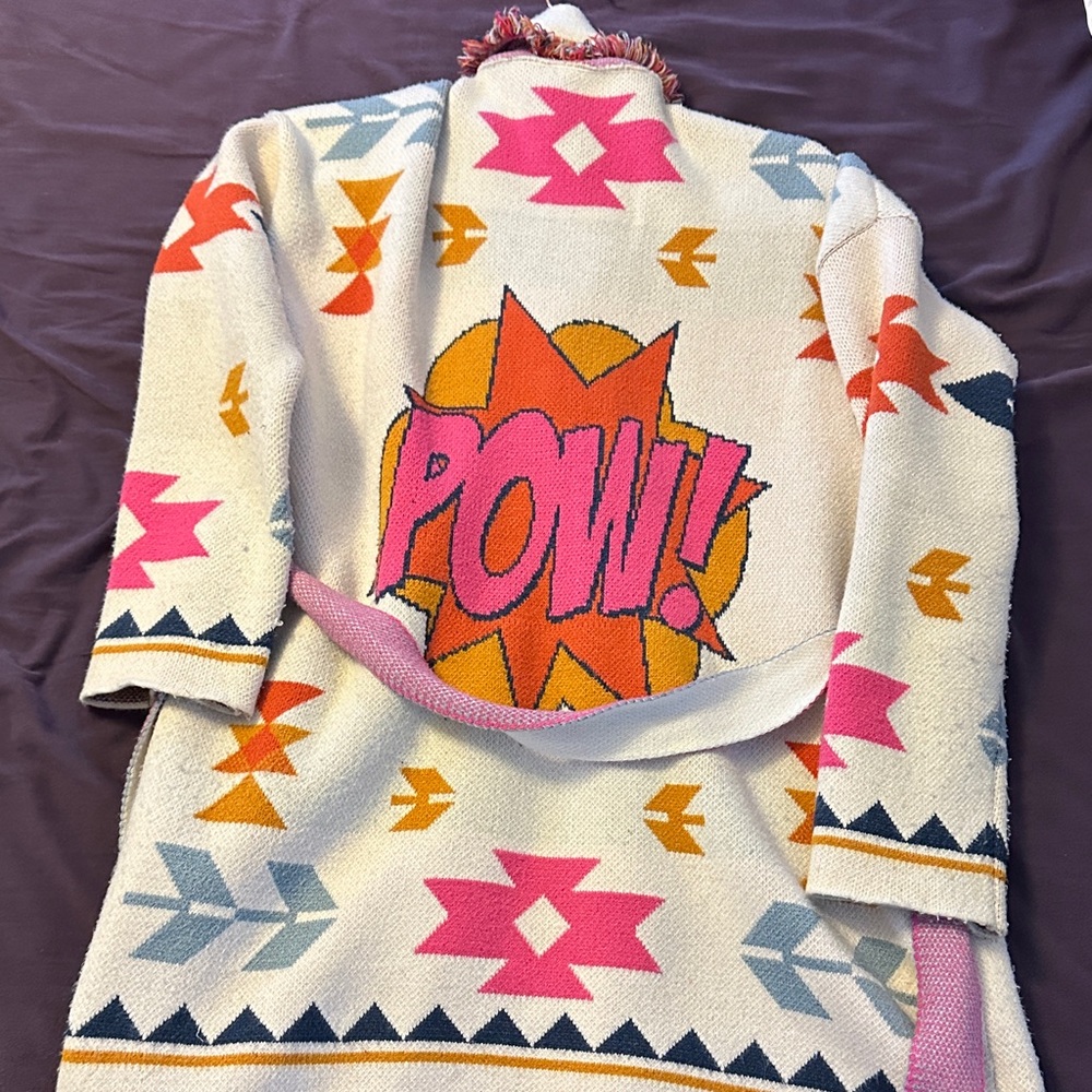 Colorful Graphic Knit Cardigan with 'POW!' Design